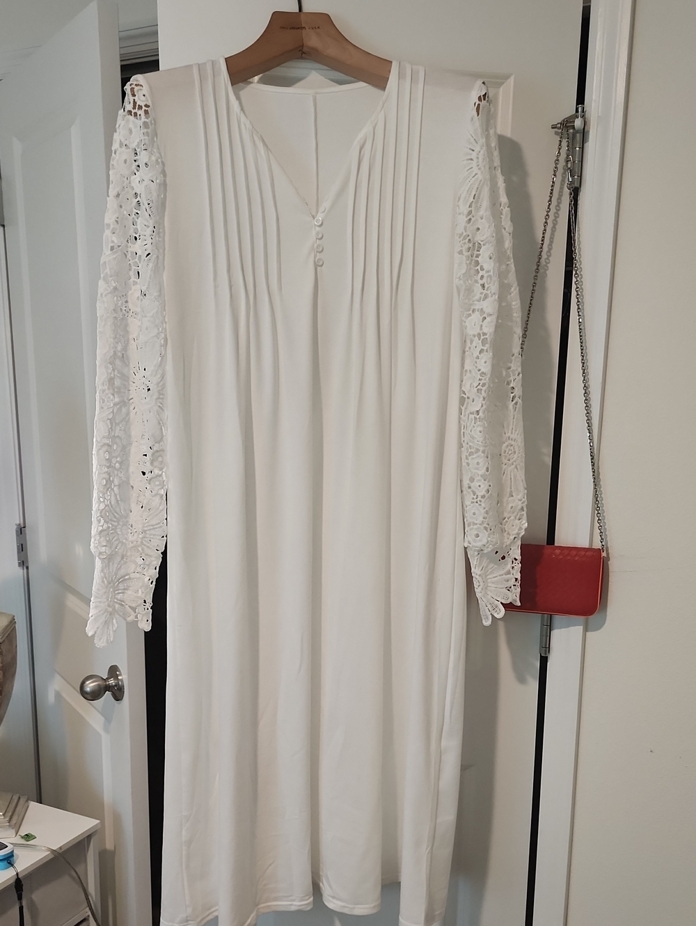 Lace-Sleeve White Midi Dress with Pintuck Front